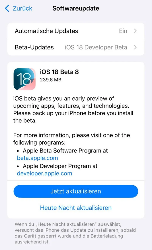 静乐苹果手机维修分享苹果 iOS / iPadOS 18 开发者预览版 Beta 8 发布 